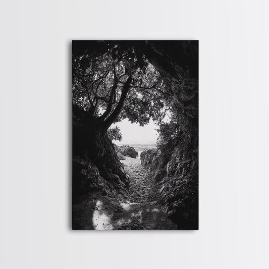 Hidden Beach, Cave Entrance, Secret Shoreline, Natural Light, Canvas Print, Bathroom Wall Decor, Travel Inspired Art, Black And White