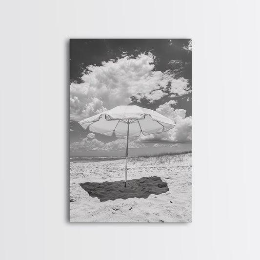 Beach Umbrella, Sunny Escape, Coastal Cloudscape, Framed Canvas Print, Summer Vibe Wall Art, Outdoor Living Decor, Travel Mood