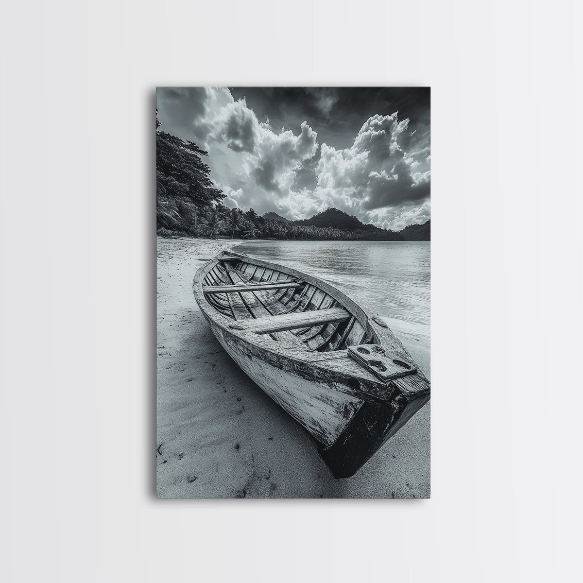 Abandoned Rowboat, Tropical Coastline, Vintage Travel Vibes, Black and White Canvas Print, Beach House or Coastal Living Wall Art