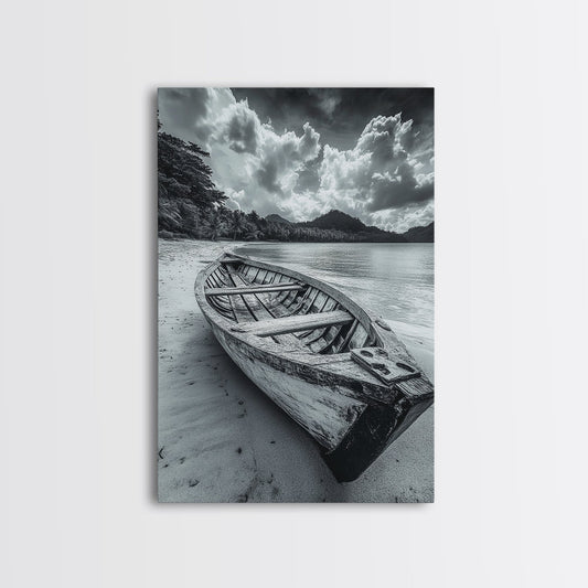 Abandoned Rowboat, Tropical Coastline, Vintage Travel Vibes, Black and White Canvas Print, Beach House or Coastal Living Wall Art