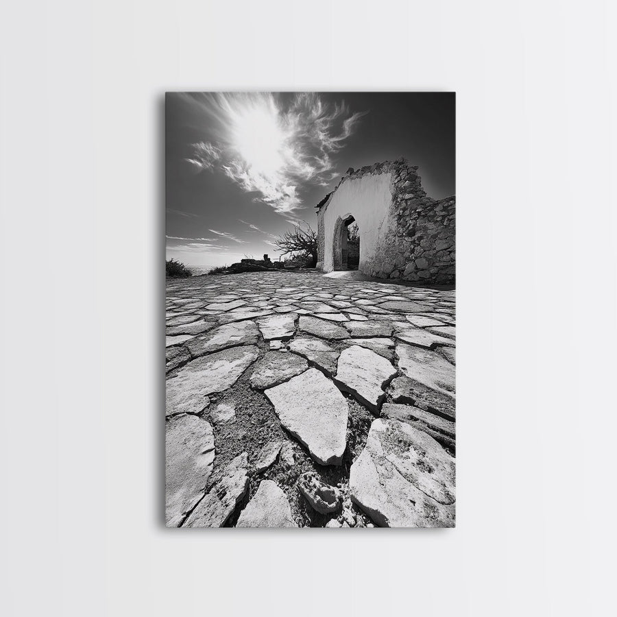 Desert Archway, Stone Ruins, Sunny Sky, Canvas Print, Rustic Travel Wall Art, Mediterranean Decor, Minimalist Earthy Aesthetic