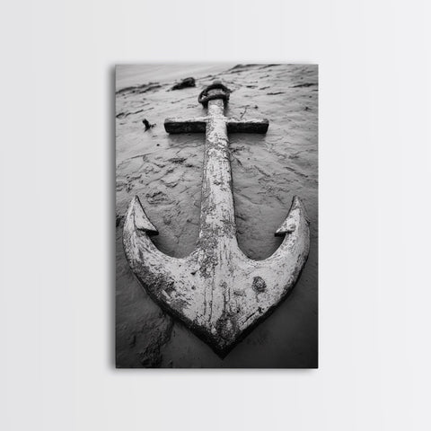 Abandoned Anchor, Nautical Decor, Black White Beach, Framed Canvas Print, Rustic Coastal Wall Art, Entryway Nautical Accent