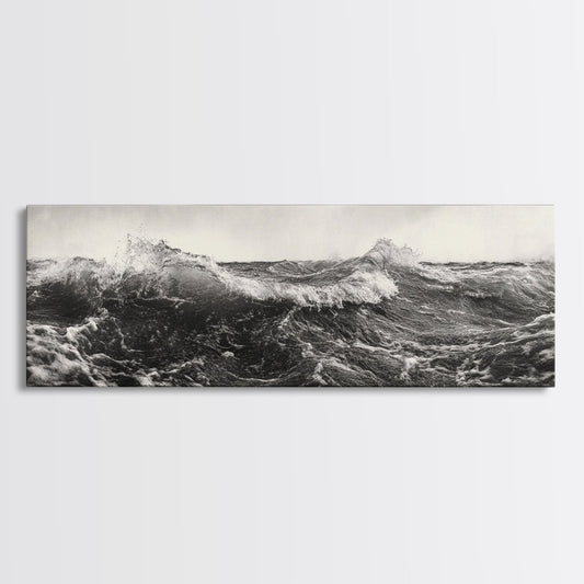 Ocean Wave, Stormy Sea, Black and White Nautical, Framed Canvas Print, Bold Coastal Art, Living Room Wall Art, Marine Photography