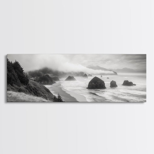 Pacific Coast, Misty Cliffs, Ocean Rocks, Moody Beach Scene, Canvas Print, Modern Nature Decor, Living Room Wall Art, Coastal Landscape