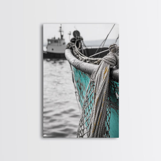 Nautical Texture, Vintage Boat, Rope Detail, Fishing Vessel, Framed Canvas Print, Coastal Wall Art, Rustic Decor, Maritime Photography