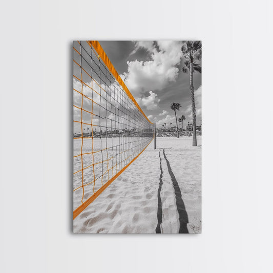 Volleyball Court, Sand and Net, Coastal Play, Framed Canvas Print, Sports Wall Art, Teen Room Decor, Summer Athletic Beach Vibes