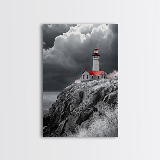 Stormy Lighthouse, Red Roof, Dramatic Coastline, Canvas Print, Coastal Wall Decor, Nautical Art, Living Room Wall Art, Rustic Home Art