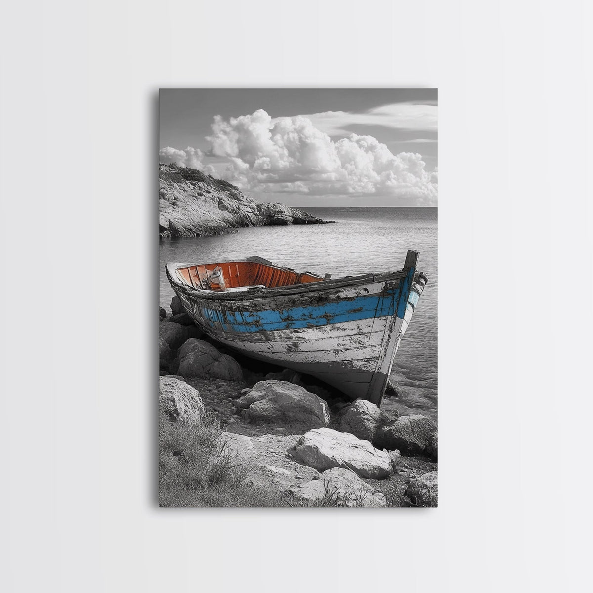 Rustic Boat Painting, Coastal Decor, Nautical Wall Art, Seascape Painting, Beach House Art, Gift Idea, Canvas Print, Wabi Sabi Art
