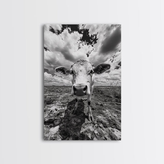 Rustic decor, vintage cow photography, framed canvas print, farmhouse art, black and white wall art, country aesthetic, moody art, southwest wall art