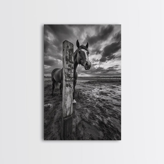 Horse wall art, vintage horse art, rustic decor, black and white photography, moody art, extra wide art, framed canvas print, farmhouse art