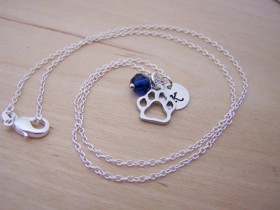 Paw Print Necklace – Sterling Silver with Birthstone & Initial Charm