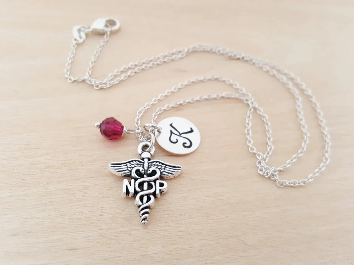 Personalized Nurse Practitioner Necklace – Sterling Silver Chain with Birthstone & Initial