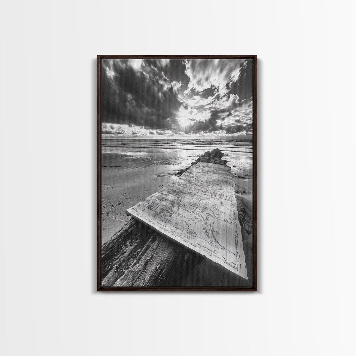 Map On Beach, Travel Adventure Art, Wanderlust Decor, Coastal Office Style, Framed Canvas Print, Explorer Aesthetic, Black White Scene