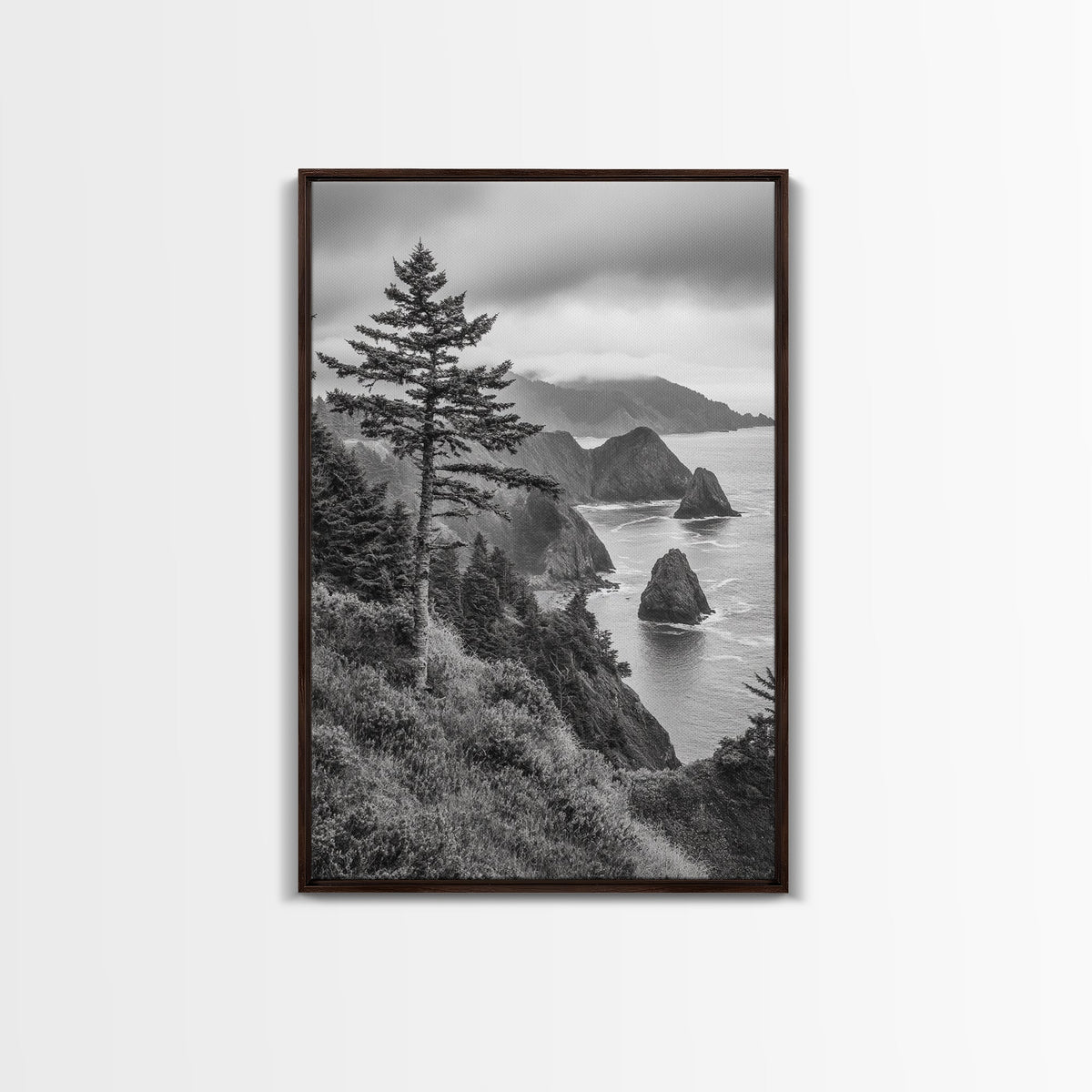 Oregon Coastline View, Misty Cliffs, Evergreen Forest, Coastal Vibes, Framed Canvas Print, Rustic Cabin Art, Living Room Wall Decor