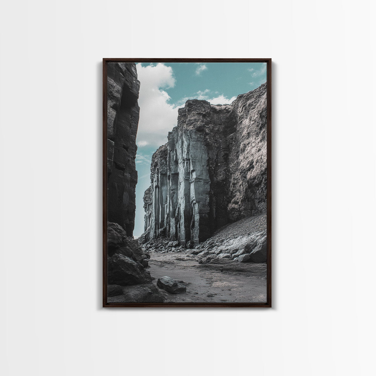 Canyon Rocks, Earth Tones, Cliff Path, Scenic Sky, Framed Canvas Print modern rustic art, desert wall decor, hallway landscape canvas