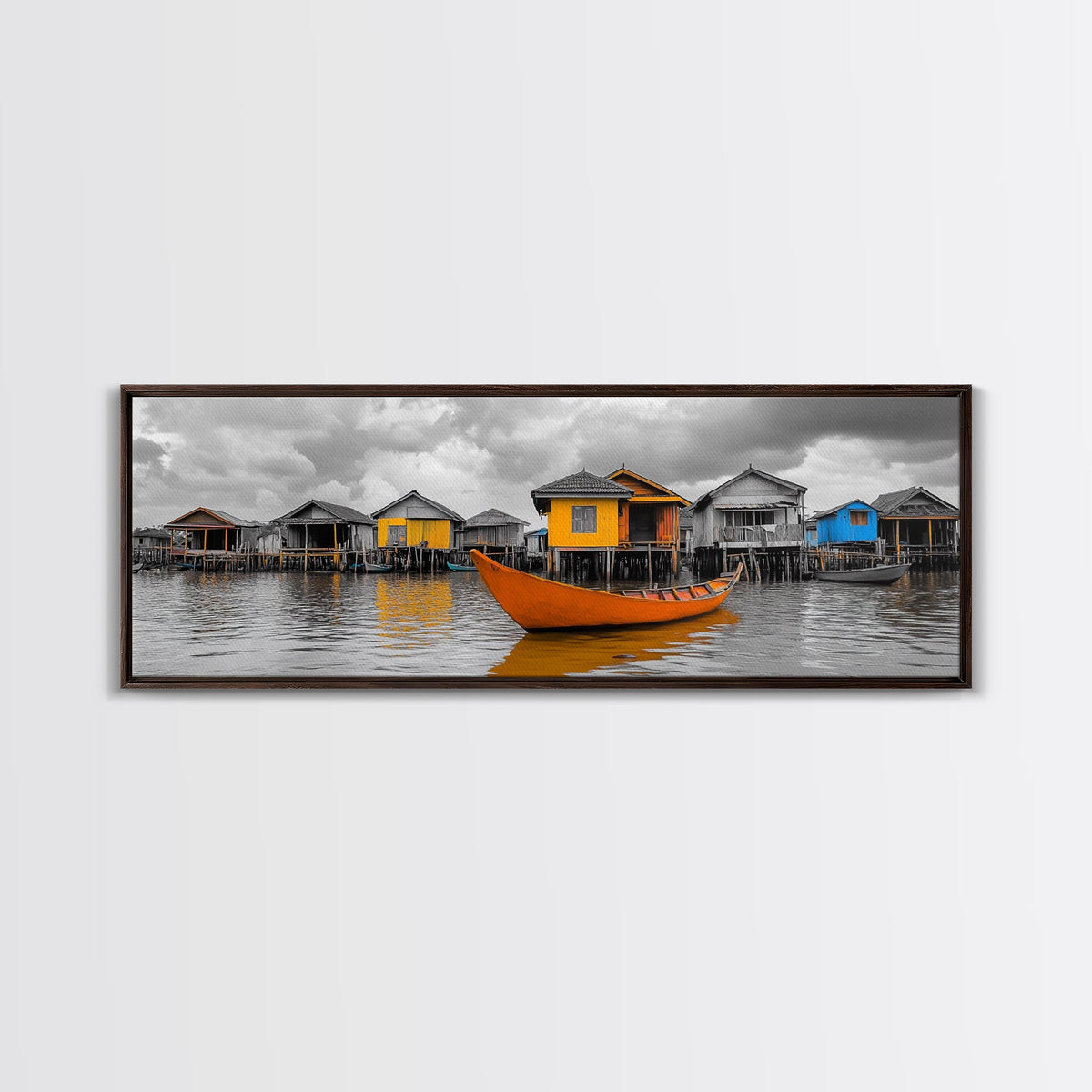 Colorful House Boats, Yellow Stilt Village, Framed Canvas Print, Vibrant Coastal Wall Art, Travel Photography, Living Room Accent Decor