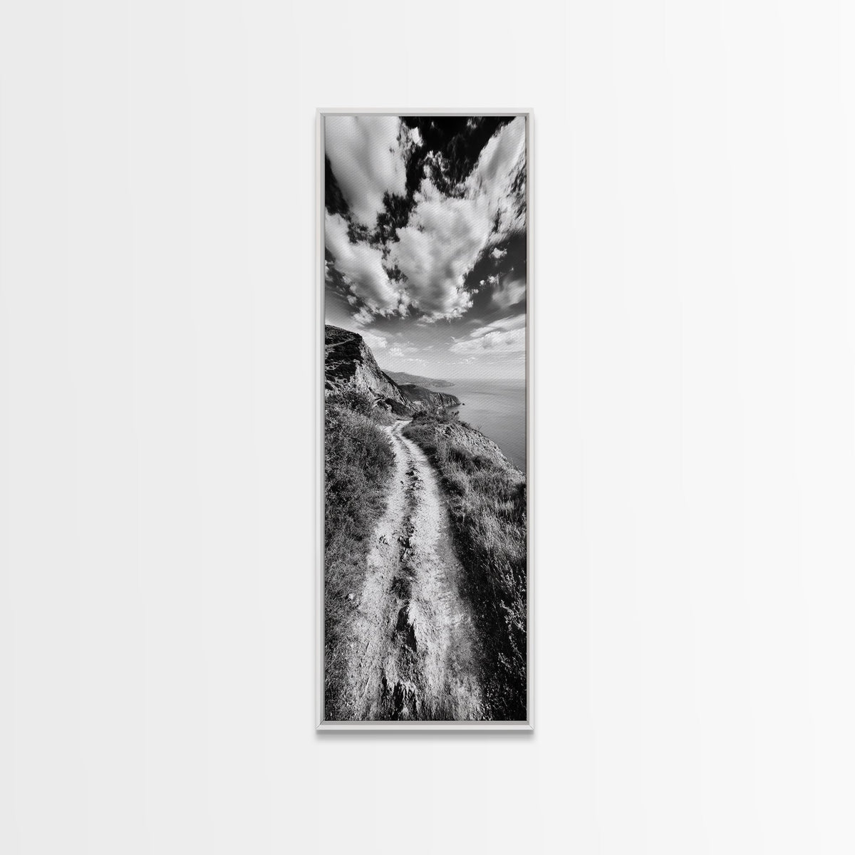 Cliffside Trail View, Path to Sea, Mountain Landscape, Framed Canvas Print, Wanderlust Decor, Office Wall Art, Adventure Travel Aesthetic