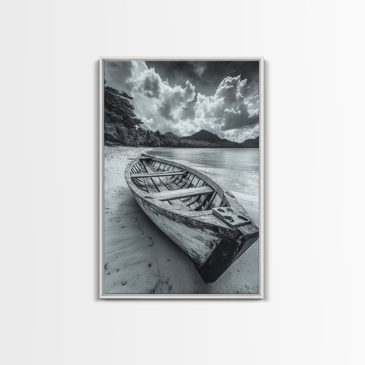 Abandoned Rowboat, Tropical Coastline, Vintage Travel Vibes, Black and White Canvas Print, Beach House or Coastal Living Wall Art