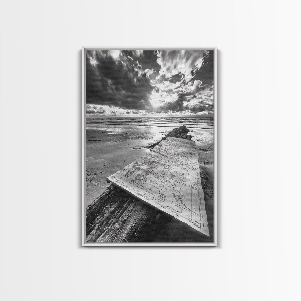 Map On Beach, Travel Adventure Art, Wanderlust Decor, Coastal Office Style, Framed Canvas Print, Explorer Aesthetic, Black White Scene
