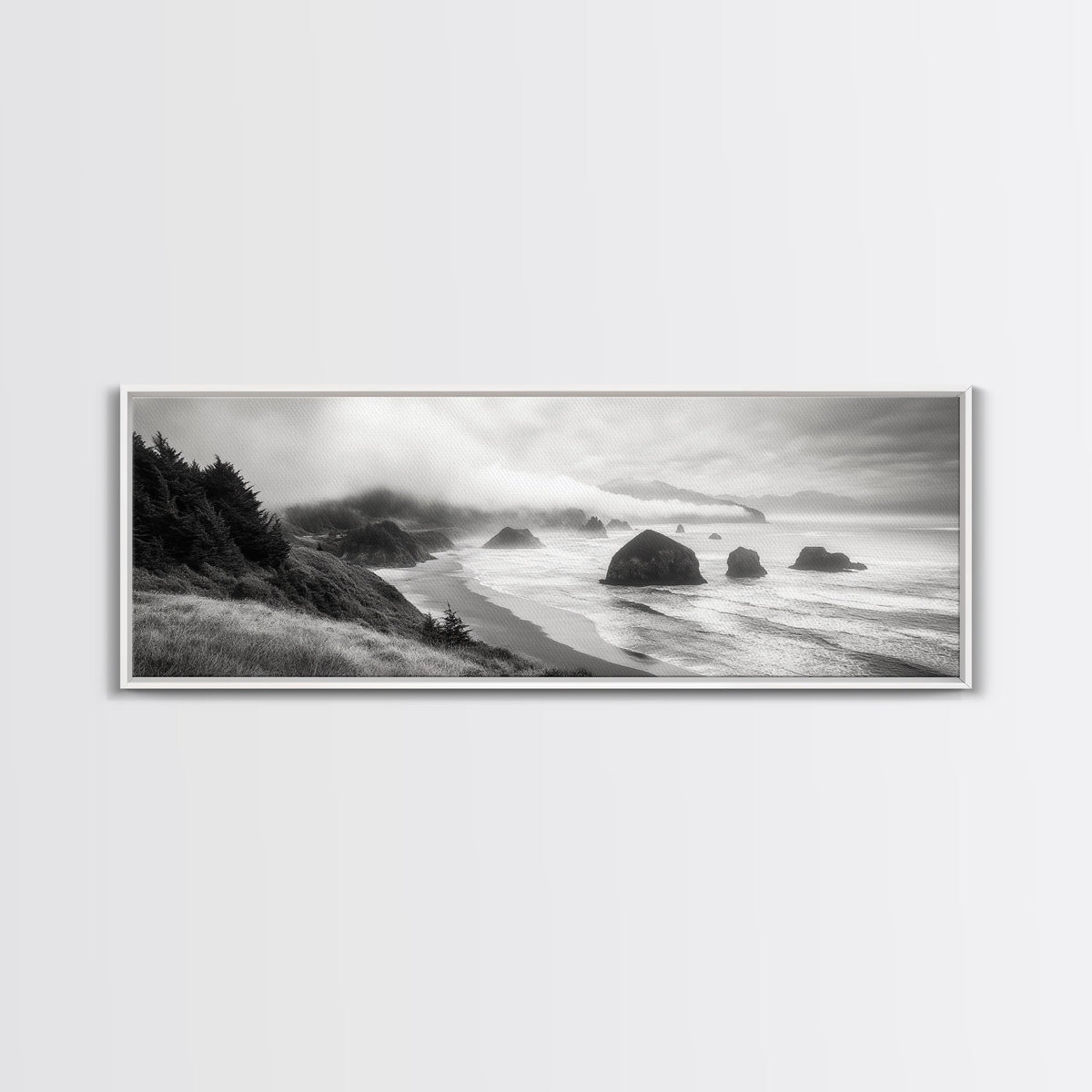 Pacific Coast, Misty Cliffs, Ocean Rocks, Moody Beach Scene, Canvas Print, Modern Nature Decor, Living Room Wall Art, Coastal Landscape
