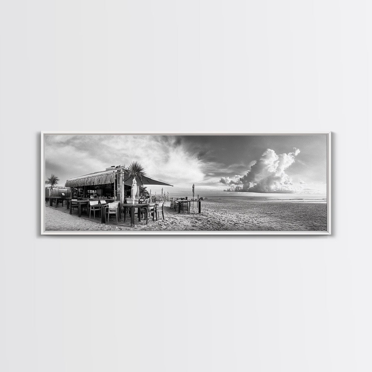 Seaside Bar, Beach Café, Oceanfront Dining, Cloudy Sky, Framed Canvas Print, Kitchen Wall Art, Black and White Tropical Art, Travel Decor