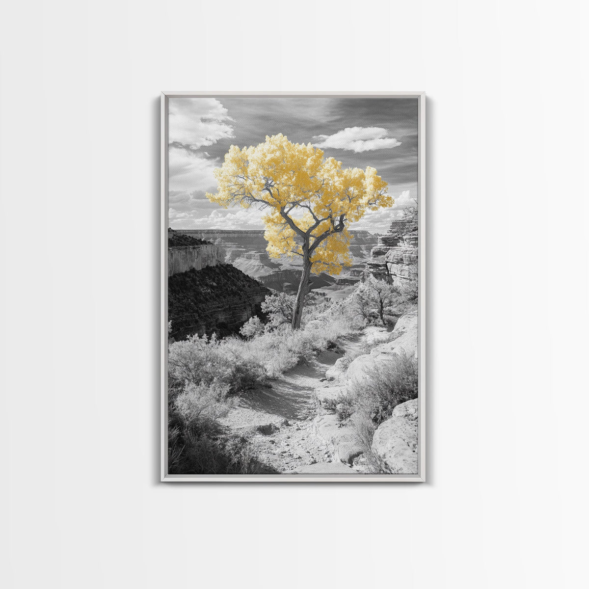 Autumn Canyon Trail, Yellow Tree, Nature Photography, Framed Canvas Print, Fall Wall Decor, Grand Canyon Print, Minimalist Landscape Art