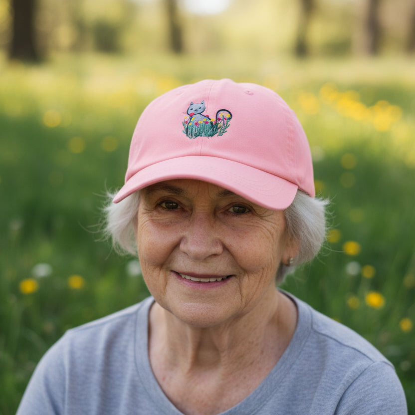 Floral Cat Embroidered Hat – Soft Garden Cat Cotton Cap