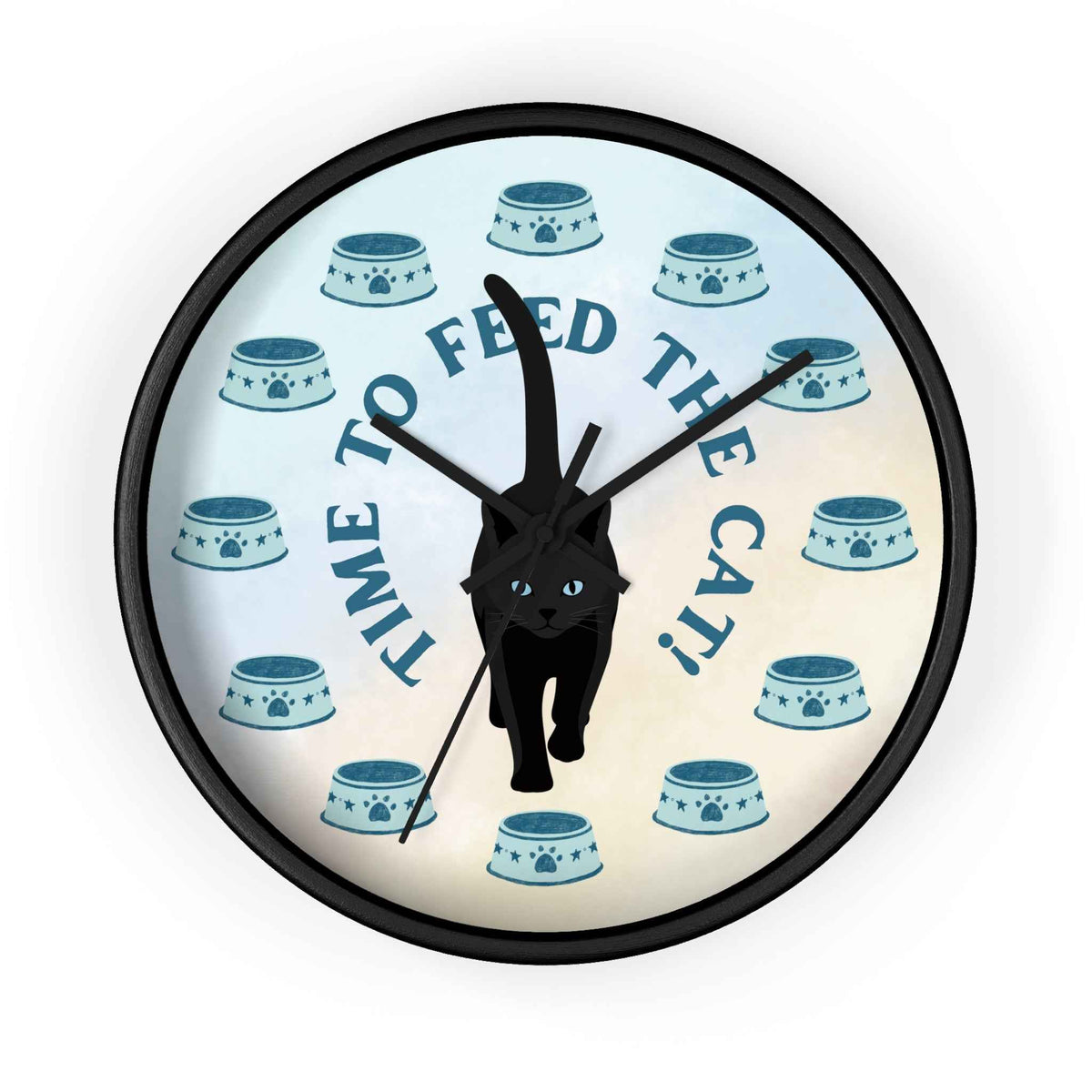 “Time to Feed the Cat!” Round Wall Clock – Black Frame, 10"