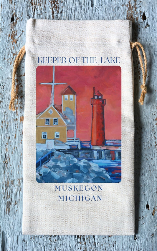 Wine Tote: Muskegon Lighthouse - Keeper of the Lake