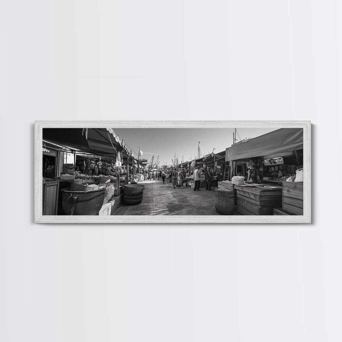 Mediterranean Market Scene, Travel Wall Decor, Rustic Street View, Framed Canvas Print, Kitchen Wall Art, Black and White Photography