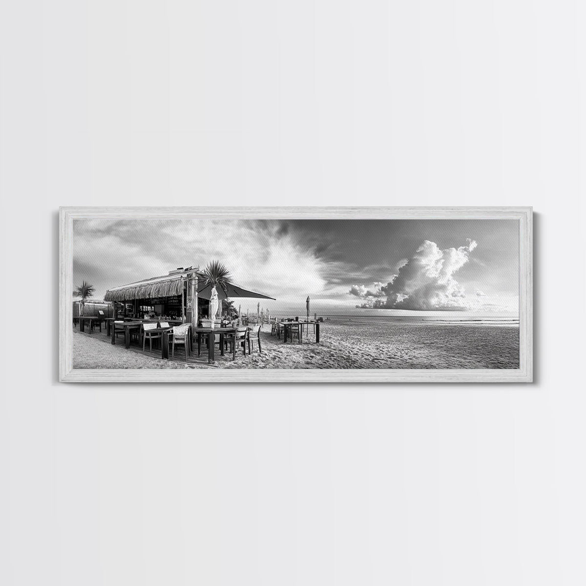 Seaside Bar, Beach Café, Oceanfront Dining, Cloudy Sky, Framed Canvas Print, Kitchen Wall Art, Black and White Tropical Art, Travel Decor