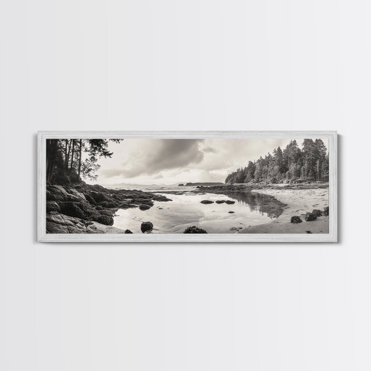 Tidal Pools, Coastal Calm, Forest Edge, Framed Canvas Print, Tranquil Bathroom Art, Pacific Northwest Decor, Nature Inspired Style