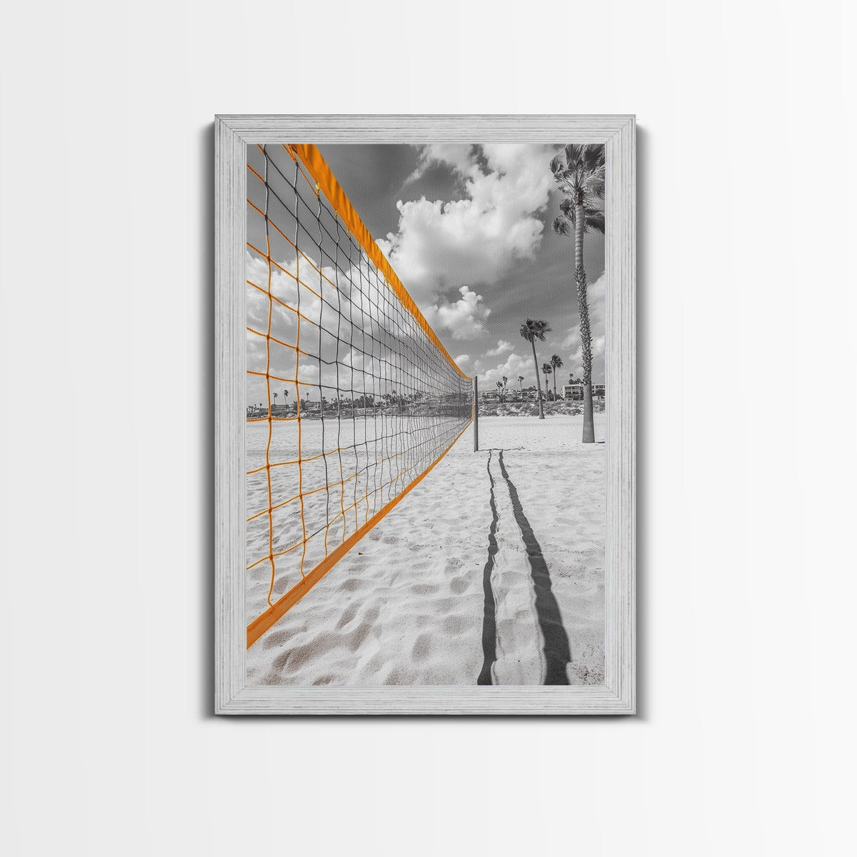 Volleyball Court, Sand and Net, Coastal Play, Framed Canvas Print, Sports Wall Art, Teen Room Decor, Summer Athletic Beach Vibes
