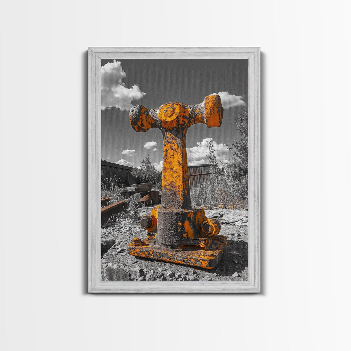 Rusty Bolt, Yellow Steel, Industrial Contrast, Framed Canvas Print, Garage Decor, Workshop Wall Art, Urban Grunge Photography