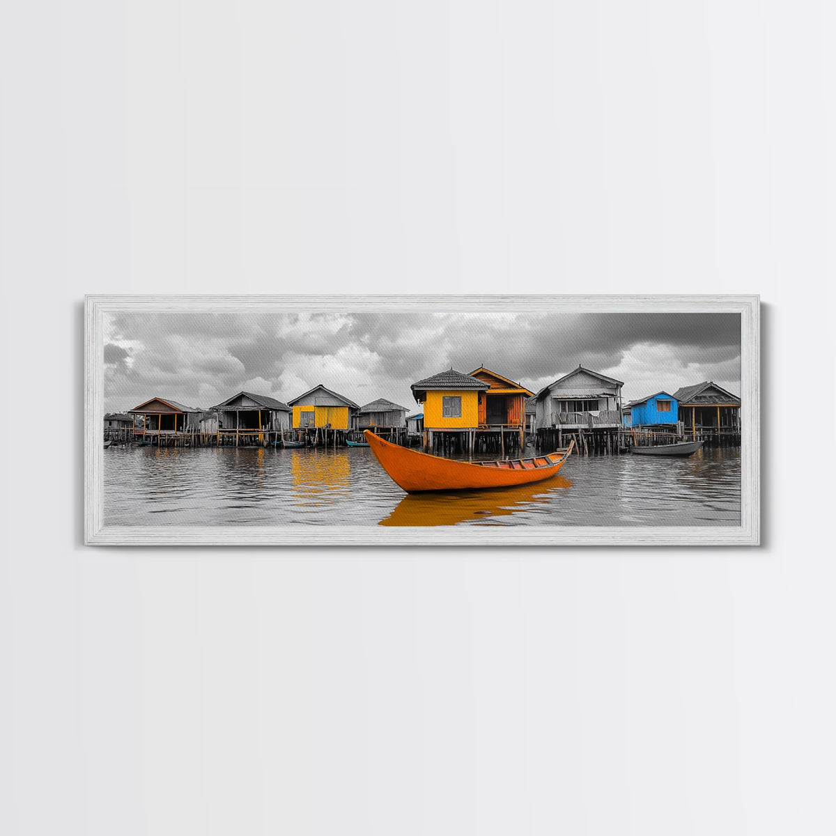 Colorful House Boats, Yellow Stilt Village, Framed Canvas Print, Vibrant Coastal Wall Art, Travel Photography, Living Room Accent Decor