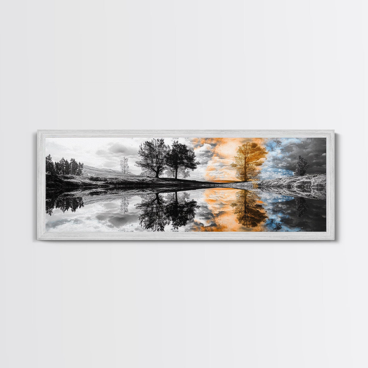Surreal Reflection, Tree Silhouettes, Split Sky, Framed Canvas Print, trippy landscape art, black and white dreamy wall decor