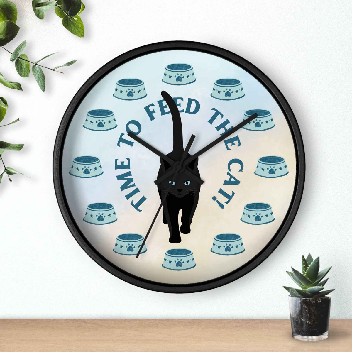 “Time to Feed the Cat!” Round Wall Clock – Black Frame, 10"
