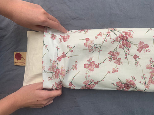 Rectangle/Cervical Pillow in Unbleached, Pre-washed, Natural Denim, with Cherry Blossom Pillowcase