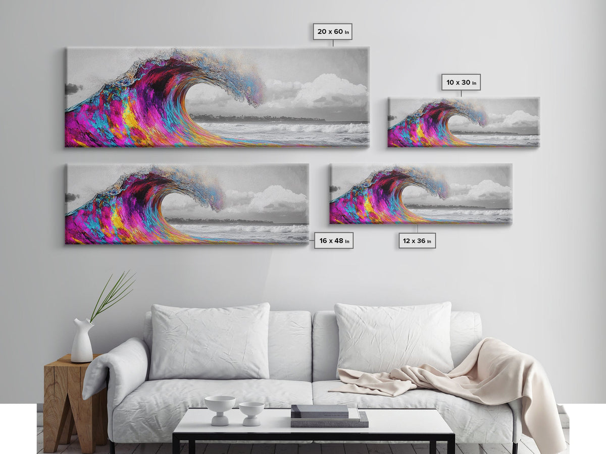 Rainbow Wave Curl, Surf Art Explosion, Vibrant Ocean Energy, Framed Canvas Print, Beach House Decor, Colorful Coastal Wall Art