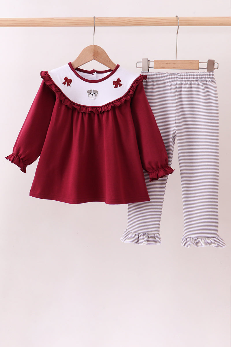 Premium Maroon Georgia bulldog bow embroidery ruffle pants set