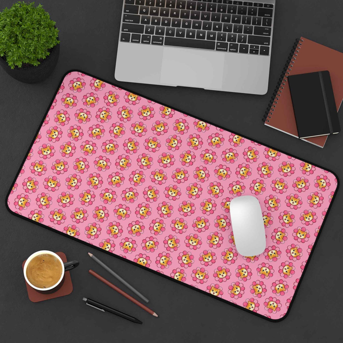 Blooming Chaos Pink Cat Pattern Desk Mat