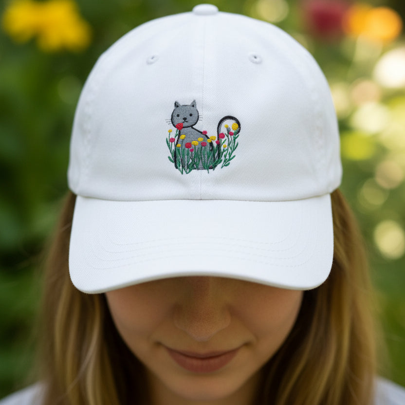 Floral Cat Embroidered Hat – Soft Garden Cat Cotton Cap
