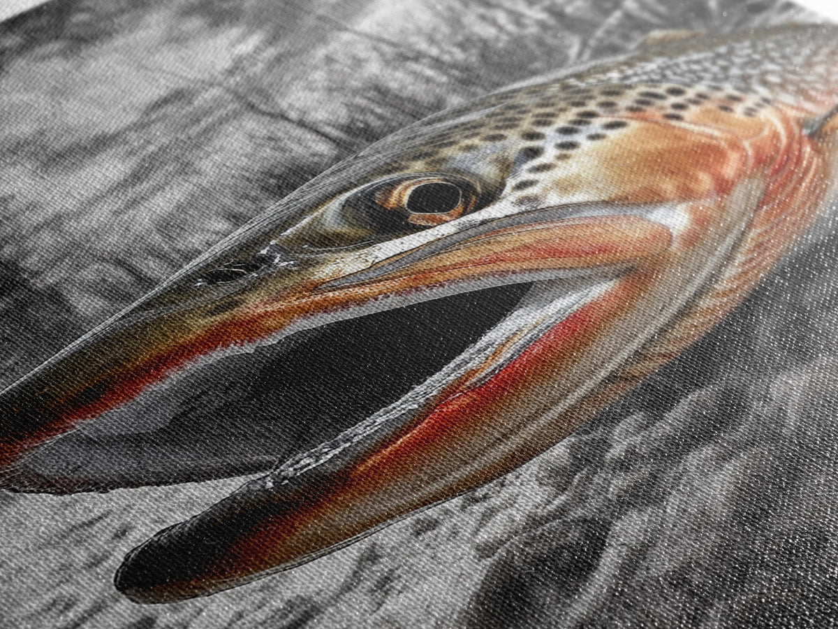 Brown Trout Closeup, Riverbed Focus, Dramatic Fish Art, Framed Canvas Print, Fisherman Gift, Cabin Wall Art, Rustic Outdoor Decor
