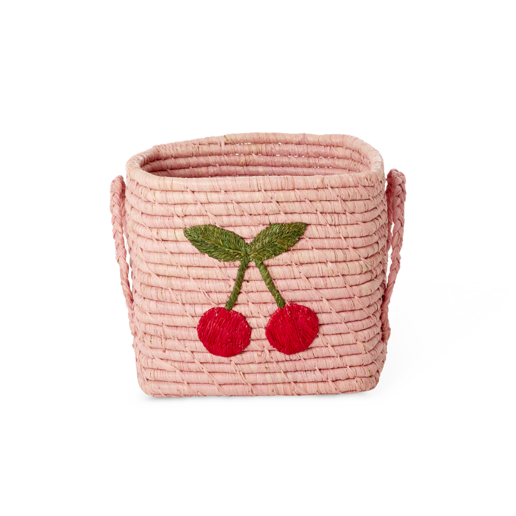 Square Raffia Basket - Pink - Cherry Design Please note: this piece ships within 2 weeks.