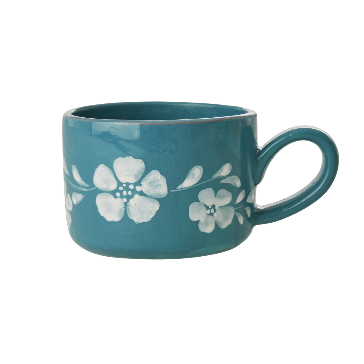 Ceramic Cappuccino Cup with Hand Painted White Flowers Vine - 6.7 oz