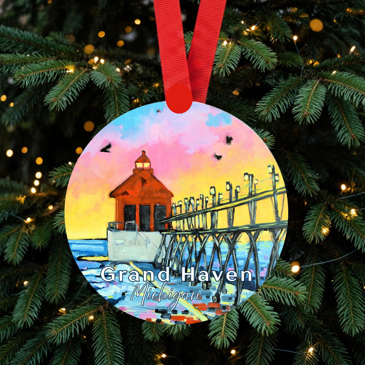 Grand Haven Lighthouse Ornament | 4" Round Michigan Christmas Ornament