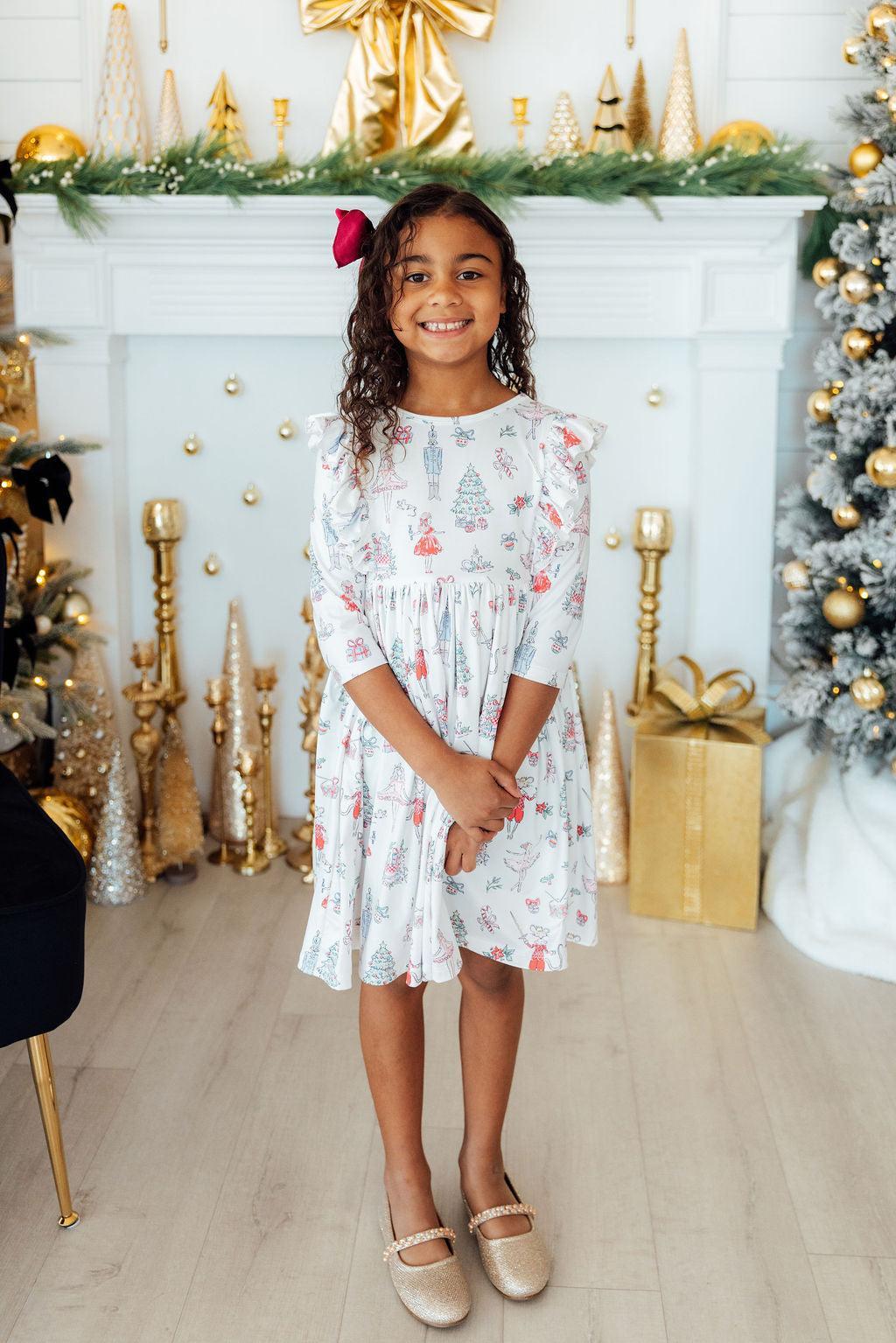 Clara's Christmas 3/4 Sleeve Ruffle Twirl Dress