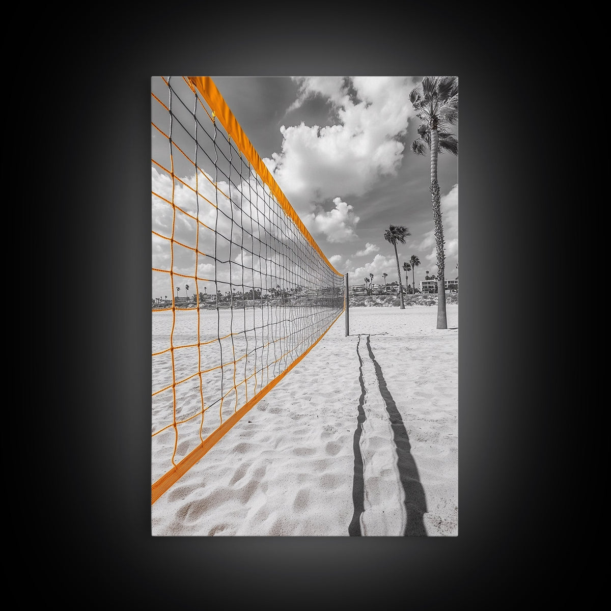 Volleyball Court, Sand and Net, Coastal Play, Framed Canvas Print, Sports Wall Art, Teen Room Decor, Summer Athletic Beach Vibes