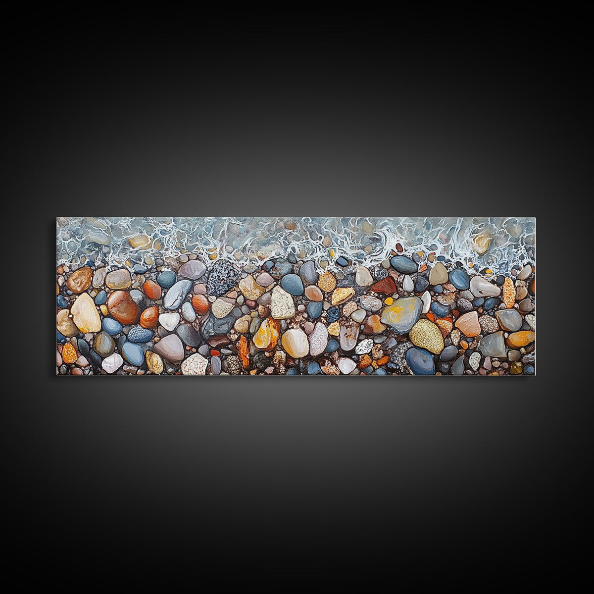 Coastal decor, ocean pebble art, beach rock painting, nautical wall art, seascape painting, long narrow wall art, canvas print