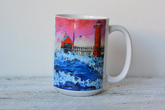 Drinkware -Pink Sky at Night Grand Haven Lighthouse Michigan.